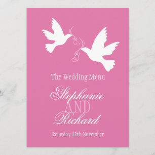 Two doves pink & white wedding dinner menu