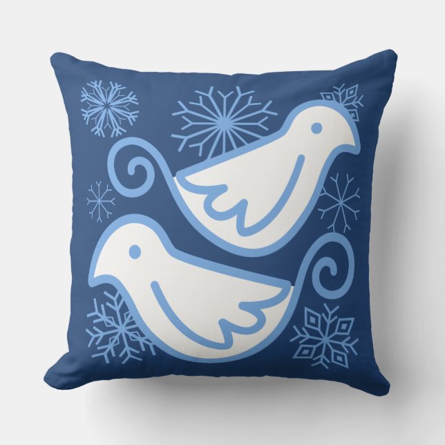 Two Doves Winter Blue Reversible Pillow (Front)