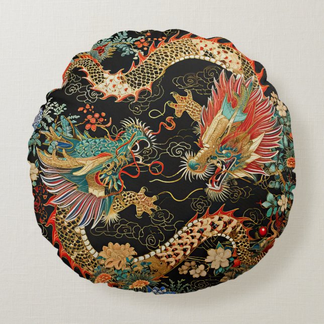 Two Dragons in a Flower Garden Round Pillow (Front)