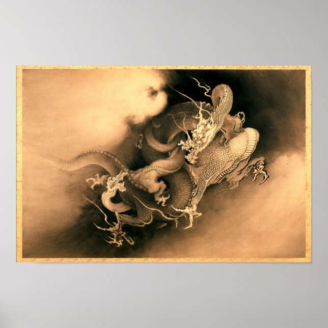 Two Dragons in Clouds (1885) by Kanō Hōgai Poster (Front)
