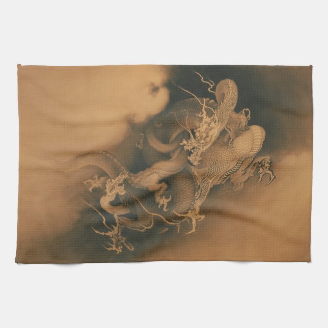 Two Dragons in Clouds Vintage Tea Towel (Horizontal)