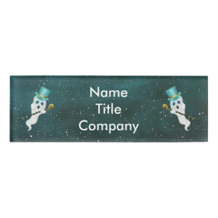 Two Dressed Up Ghosts in Blue Top Hats Fancy Canes Name Tag