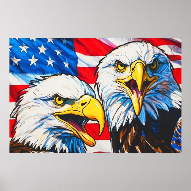 Two Eagles Talking - US Flag and Bald Eagles Poster (Front)