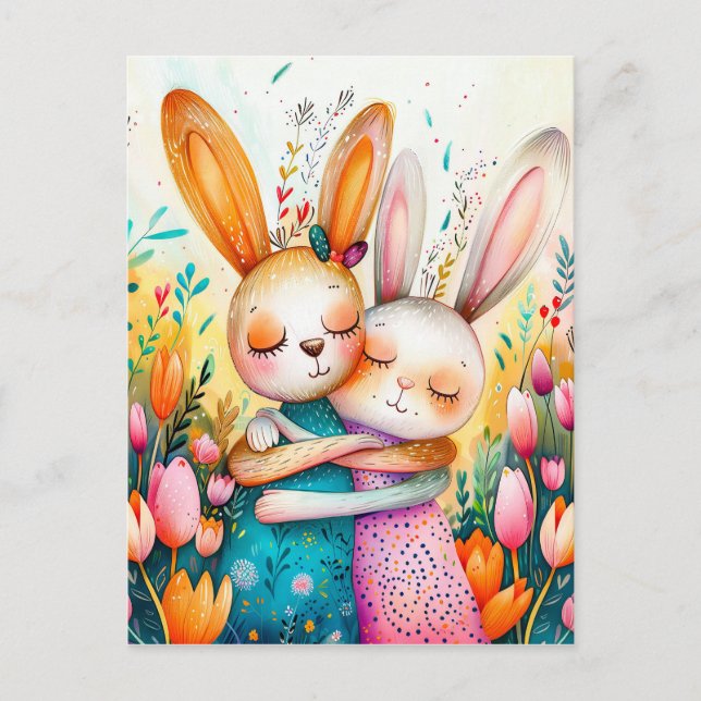 Two Easter Bunnies in Tulip Field Postcard (Front)