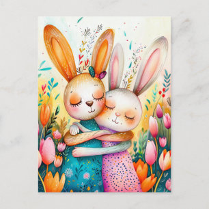 Two Easter Bunnies in Tulip Field Postcard