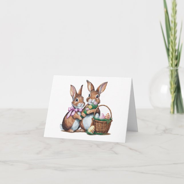 Two Easter Bunny Rabbits w Basket and Eggs BLANK  Card (Front)