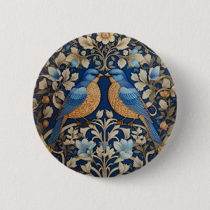 Two Elegant Blue Birds William Morris Inspired 6 Cm Round Badge