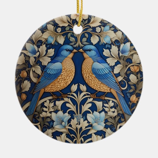 Two Elegant Blue Birds William Morris Inspired  Ceramic Ornament (Front)