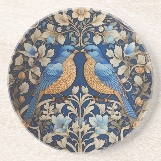 Two Elegant Blue Birds William Morris Inspired  Coaster (Front)