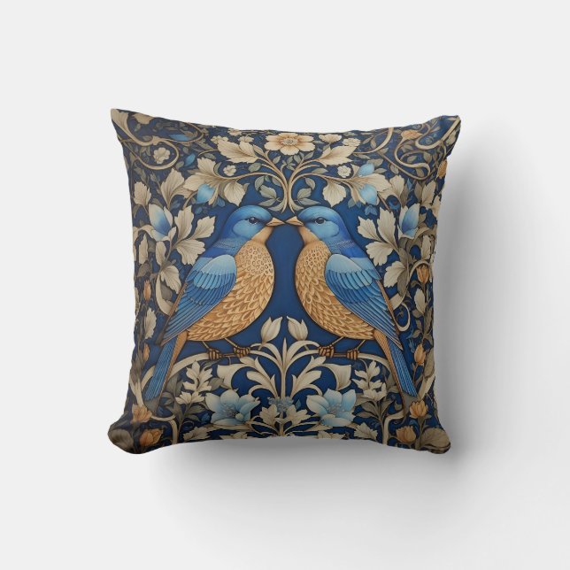 Two Elegant Blue Birds William Morris Inspired  Cushion (Front)