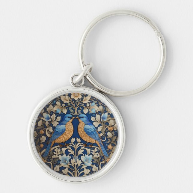 Two Elegant Blue Birds William Morris Inspired  Key Ring (Front)