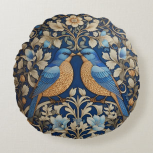 Two Elegant Blue Birds William Morris Inspired Round Cushion