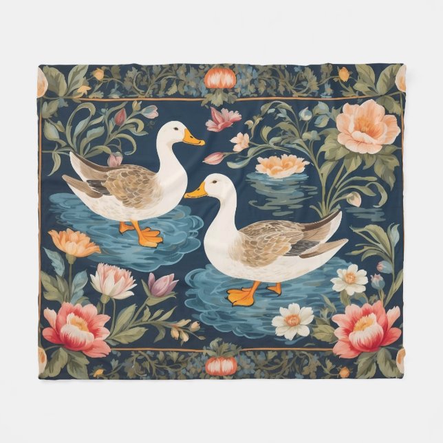 Two Elegant Ducks William Morris Inspired Fleece Blanket (Front (Horizontal))