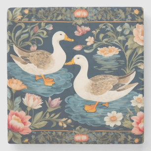 Two Elegant Ducks William Morris Inspired Stone Coaster