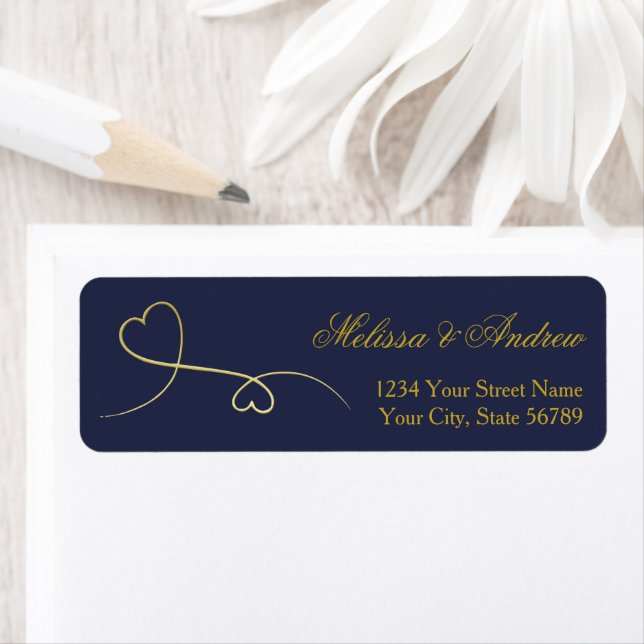 Two Elegant Gold Hearts | Navy Blue Return Address Label (Insitu)