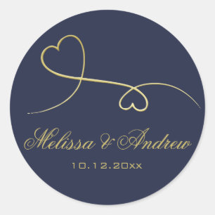 Two Elegant Gold Hearts  Personalised Blue Wedding Classic Round Sticker