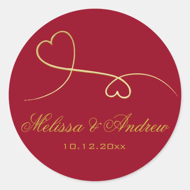 Two Elegant Gold Hearts | Personalised Red Wedding Classic Round Sticker (Front)