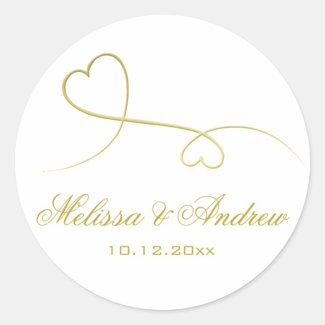 Two Elegant Gold Hearts | Personalised Wedding Classic Round Sticker (Front)