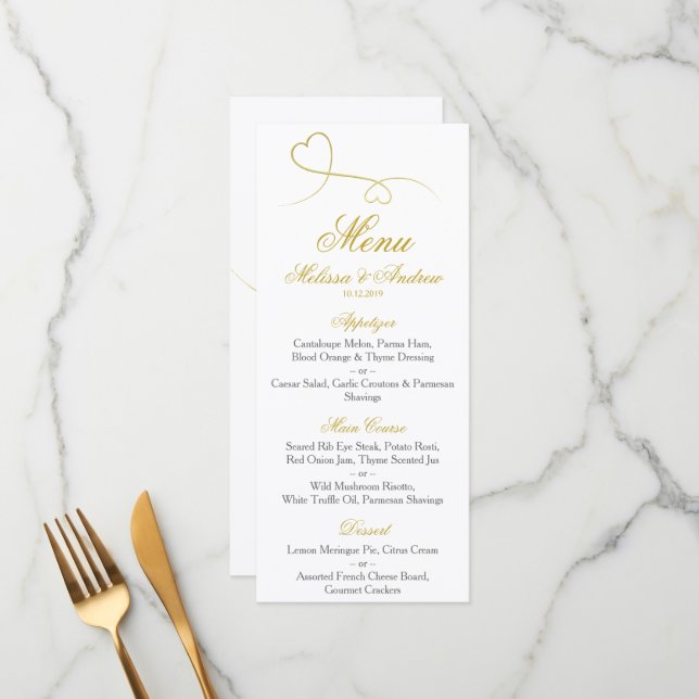 Two Elegant Gold Hearts | Wedding Menu (Front/Back In Situ)