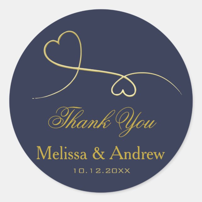 Two Elegant Gold Hearts | Wedding 'Thank You' Classic Round Sticker (Front)