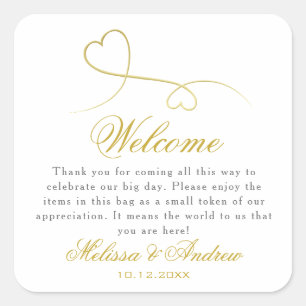 Two Elegant Gold Hearts   Wedding Welcome Square Sticker