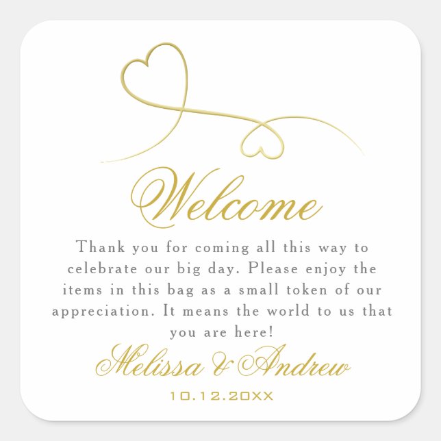 Two Elegant Gold Hearts | Wedding Welcome Square Sticker (Front)