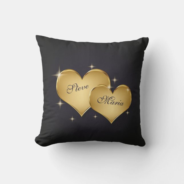 Two Elegant Golden Hearts Name Cushion (Front)