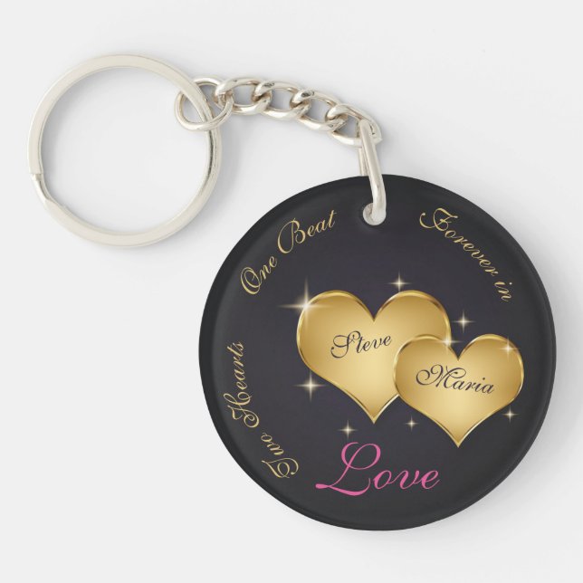 Two Elegant Golden Hearts Name Key Ring (Front)