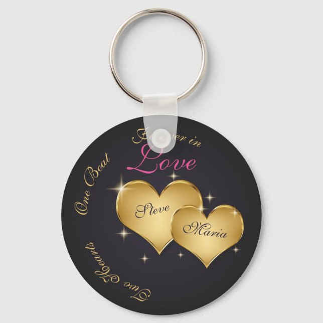 Two Elegant Golden Hearts Name Key Ring (Front)