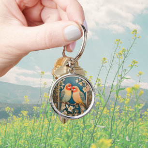 Two Elegant Lovebirds Vintage Floral Key Ring