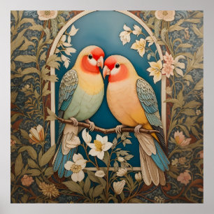 Two Elegant Lovebirds Vintage Floral Poster