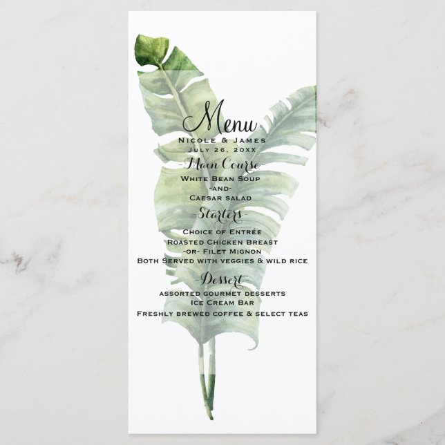 Two Elegant Palm Leaves Tropical Wedding Menu (Front)
