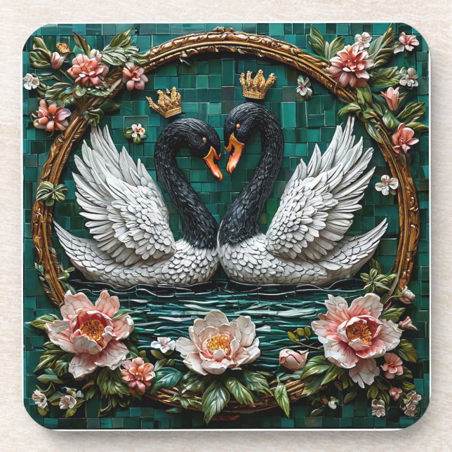 Two Elegant Swans With Crowns Coaster (Front)
