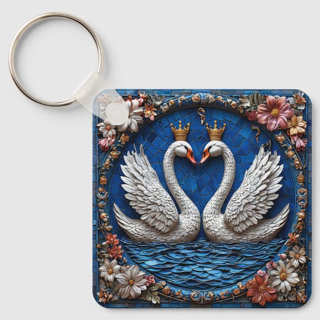 Two Elegant Swans With Crowns Key Ring (Front)