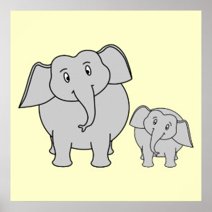 Two Elephants. Cute Adult and Baby Cartoon. Poster