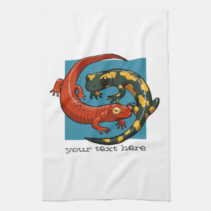 Two Entwined Smiling Friends Cartoon Salamander Tea Towel