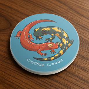 Two Entwined Smiling Salamander Friends Cartoon Coaster