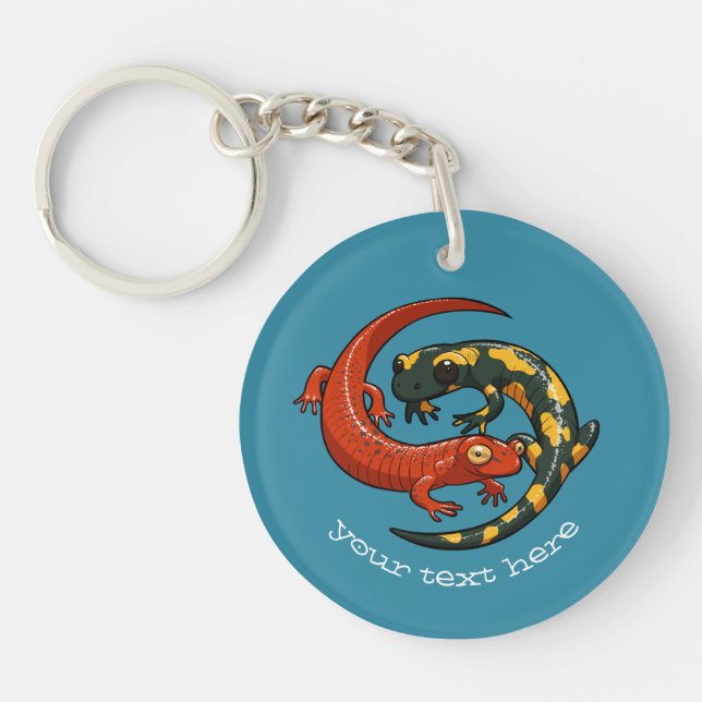 Two Entwined Smiling Salamander Friends Cartoon Key Ring (Front)