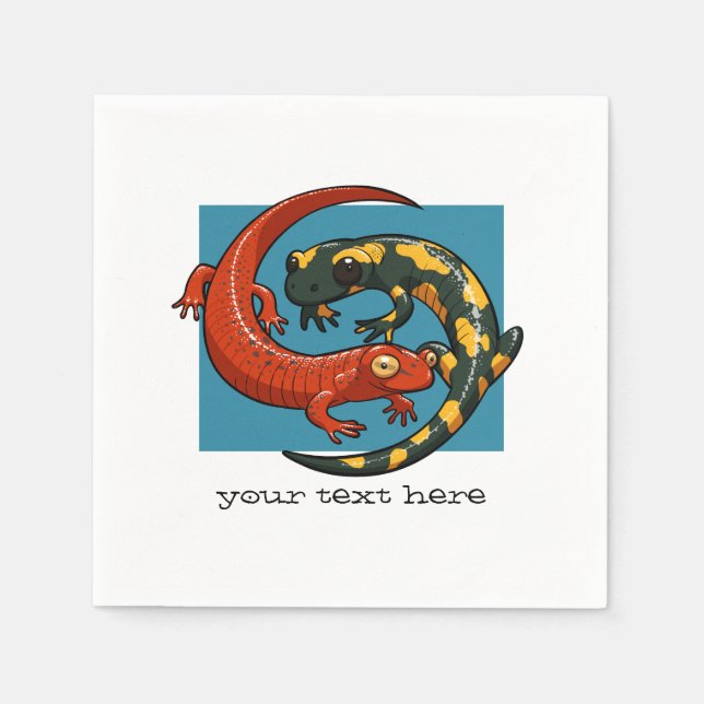 Two Entwined Smiling Salamander Friends Cartoon Napkin (Front)