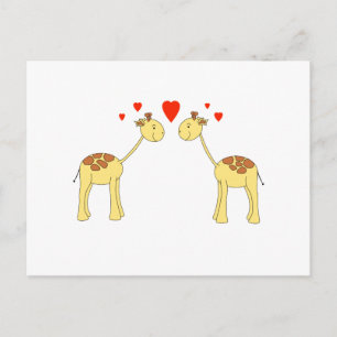 Two Facing Giraffes with Hearts. Cartoon. Postcard