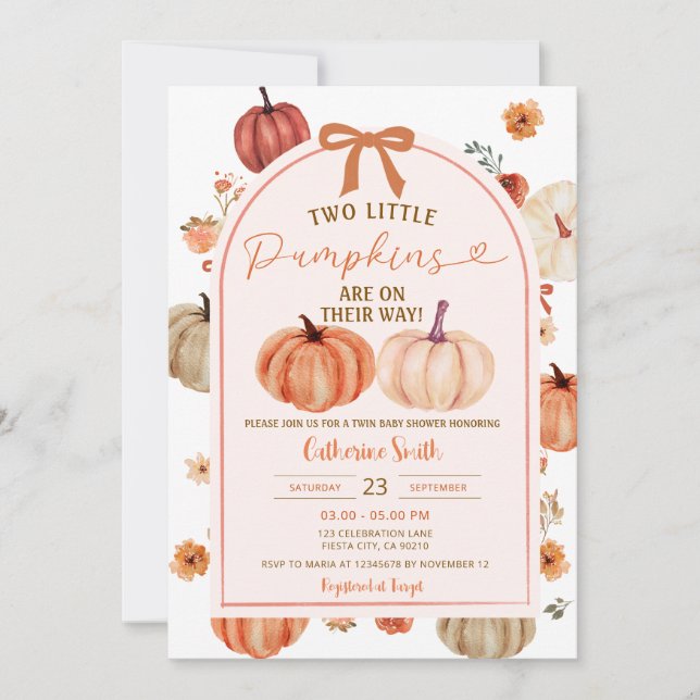 Two Fall Autumn Boho pumpkin twins baby shower Invitation (Front)