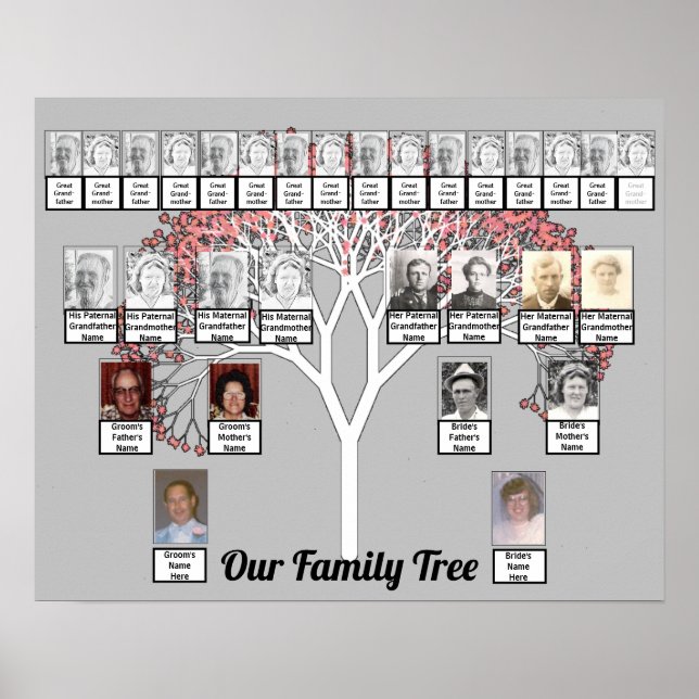 Two Families Gray Fractal Tree Photo Name Poster (Front)