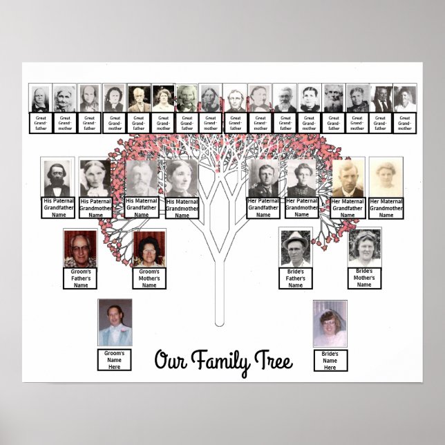 Two Families Pink Fractal Tree Photo Name Poster (Front)