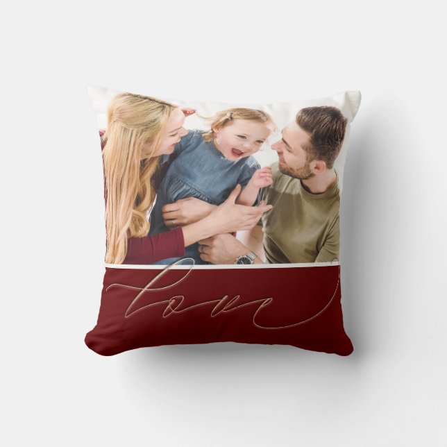 Two Family Photo Love Script Typography Burgundy Cushion (Front)