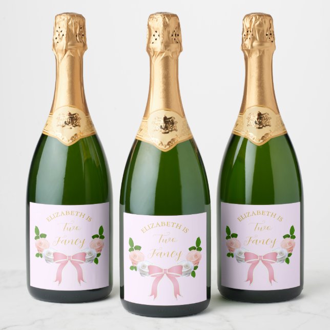 Two Fancy Bow Floral Birthday Sparkling Wine Label (Bottles)