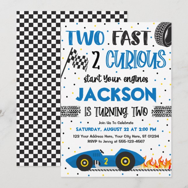 Two Fast 2 Curious Birthday Invitation, Boy Racing Invitation (Front/Back)