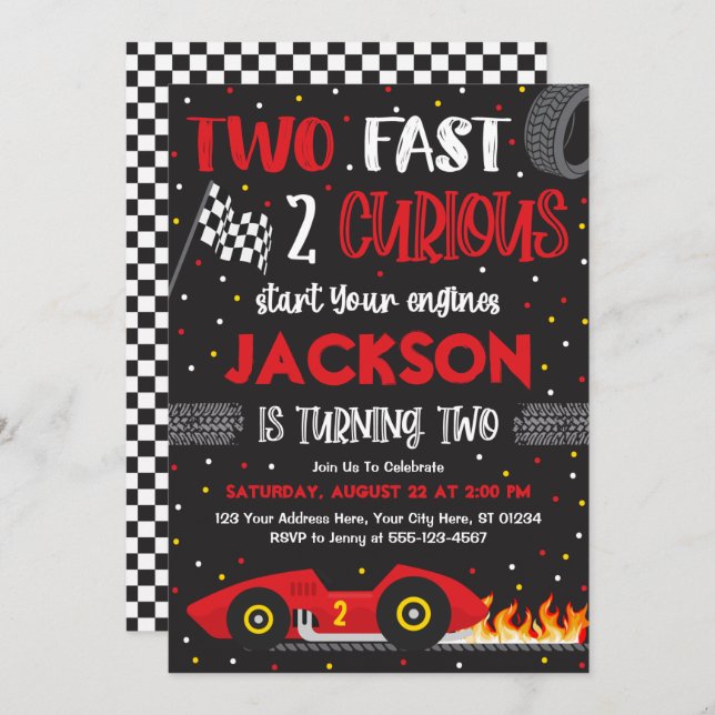 Two Fast 2 Curious Birthday Invitation, Boy Racing Invitation (Front/Back)
