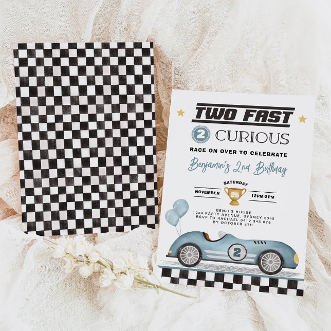 Two Fast 2 Curious Blue Vintage Car Boy Birthday Invitation (Creator Uploaded)