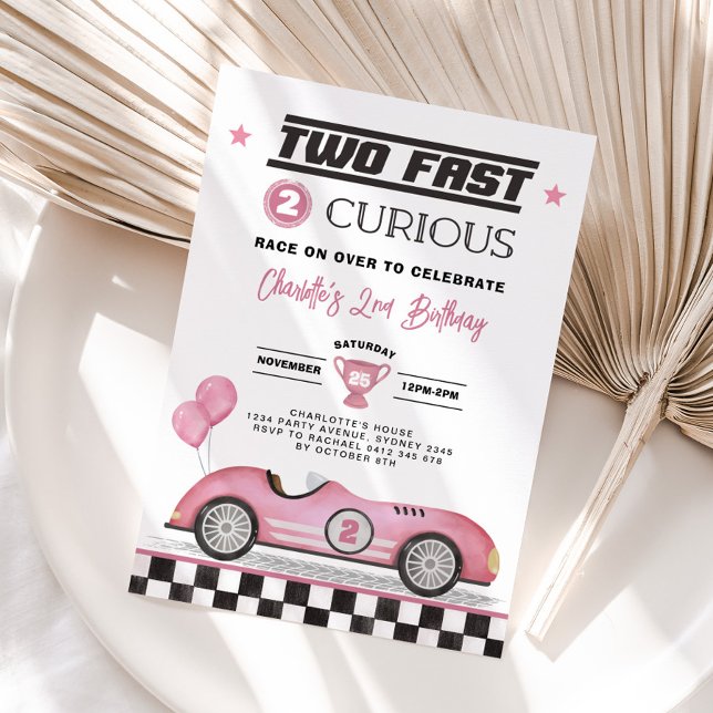 Two Fast 2 Curious Pink Vintage Car Girl Birthday Invitation (Creator Uploaded)