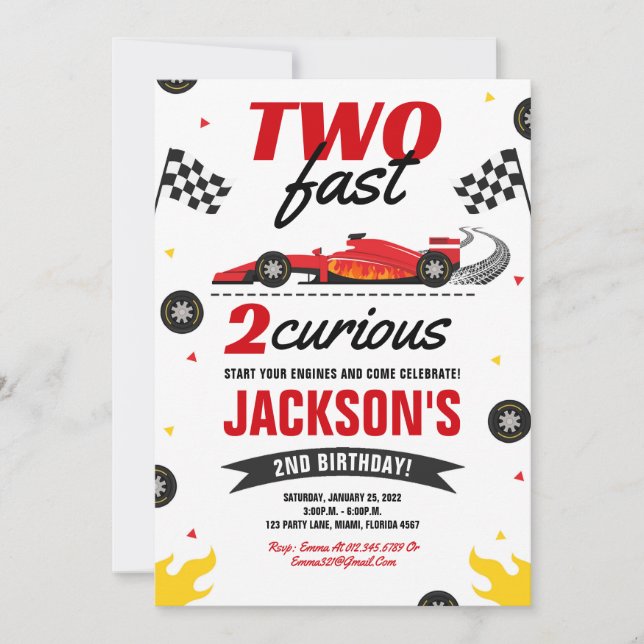  Two Fast 2 Curious Race Car 2nd Birthday Invitation (Front)
